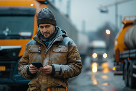 Male truck driver with smart phone walking on street at industry.の素材