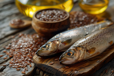 Fish oil with flaxseed and fish on a wooden background. Close-up.の素材
