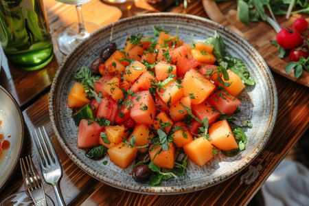 High angle view of melon salad served in plate on table. Close-upの素材