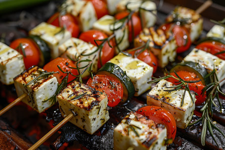 Grilled vegetarian grill skewers, tomato, sheep cheese and zucchini slices, rosemary garlic oil. Close-upの素材