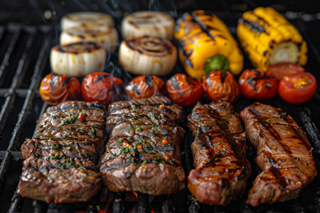 Meat and vegetables being grilled on barbecue grill. Close-upの素材