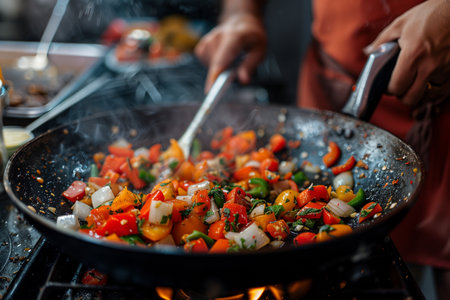 A man fries vegetables in a frying pan. Close-upの素材
