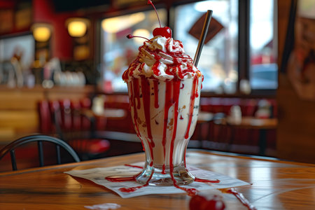 A large, indulgent ice cream sundae overflowing with scoops of ice cream, chocolate sauce, whipped cream, sprinkles, and crowned with a bright red cherry on top.の素材