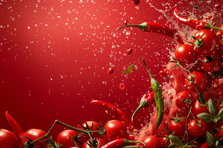 A bunch of vibrant red peppers stacked on a matching red surface, creating a colorful and eye-catching display.の素材