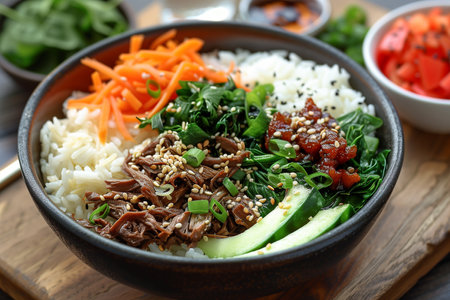 Vegan teriyaki bowl with pulled teriyaki beef made from jackfruit, spinach, rice and carrots. Close-upの素材