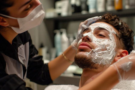 A man is seated in a salon chair, shaving his face with a razor. The salon employee is carefully attending to the task, ensuring a precise and clean shave.の素材