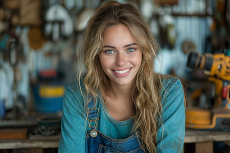 A woman with a cheerful expression wearing blue shirt and overalls.の素材