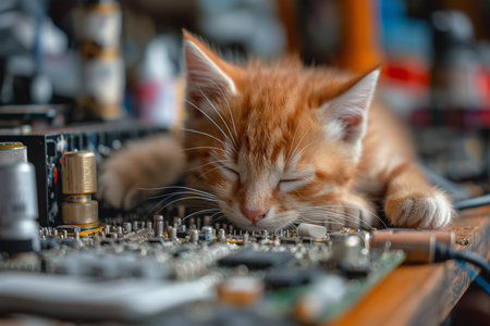 A cat is peacefully asleep on a computer motherboard, comfortably nestled in between circuits and components.の素材