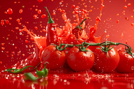 A group of vibrant tomatoes colliding with each other, creating a dynamic and colorful splashing effect.の素材