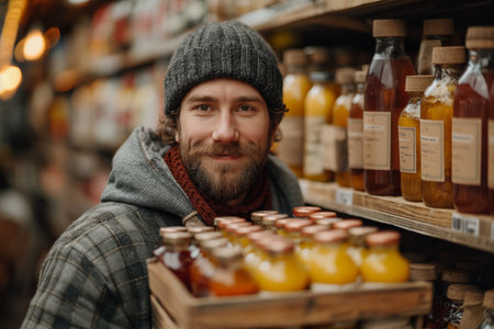 A bearded young man in a winter hat smiles while browsing through a selection of honey in a cozy, well-stocked market aisle.の素材
