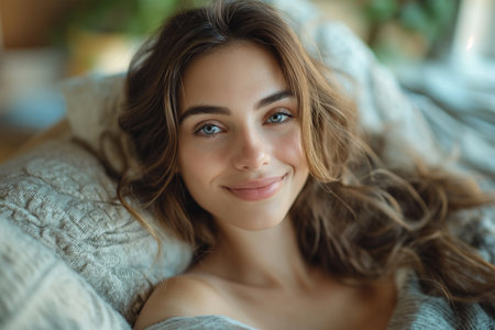 A beautiful, young woman relaxing on top of a neatly made bed.の素材