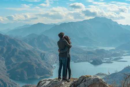 A man and a woman are standing on the top of a mountain, overlooking the vast landscape below.の素材