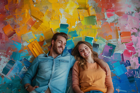 Young couple with color swatches lying on the floor at new home.の素材