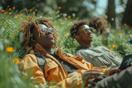 Several individuals lying on the grass in a grassy field, relaxing and enjoying the outdoors on a sunny day.の素材