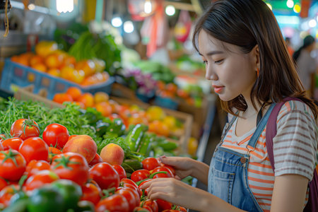 A woman is standing in front of a vibrant display of fresh vegetables at a market, examining the array of produce available.の素材