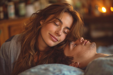 A man and a woman laying beside each other on a bed, looking relaxed and comfortable.の素材