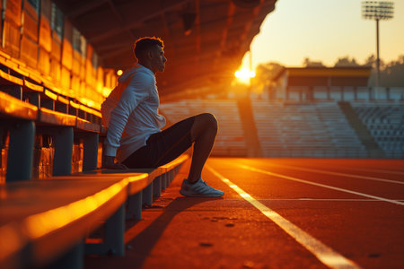 A man is sitting on a bench surrounded by stadium seats. The stadium is empty, and he appears to be watching or waiting for an event to start.の素材