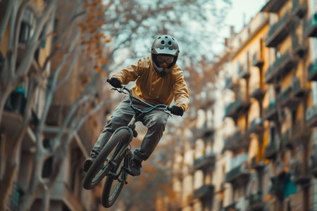 A man with a helmet riding a bicycle through mid-air, showcasing an incredible feat of balance and skill.の素材