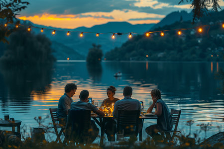 A diverse group of individuals sitting around a dinner table, engaged in conversation and eating together.の素材