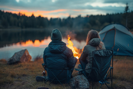 Two individuals are seated side by side close to a campfire in an outdoor setting.の素材