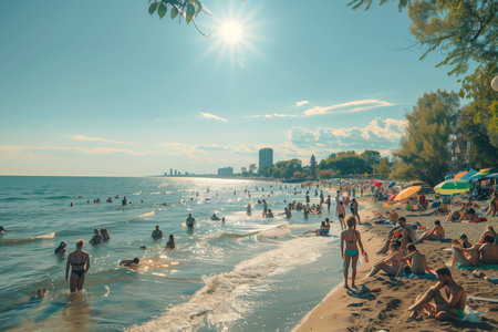 A beach packed with people and colorful umbrellas, enjoying the sun, playing games, and swimming in the sea on a sunny day.の素材