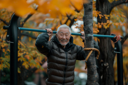 An older man is holding onto a metal bar in a park while standing.の素材