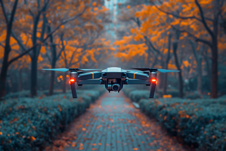 A black and white camera drone hovers above a dense forest, capturing the landscape below with a birds eye view.の素材