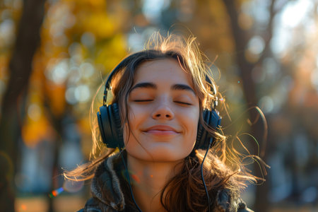 A woman wearing headphones and a coat, standing outdoors.の素材
