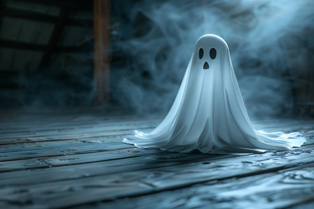 A ghostly figure standing on a wooden floor in a fog-filled room, creating an eerie atmosphere.の素材