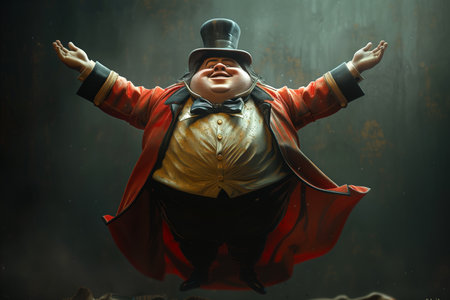 A man wearing a top hat and coat is jumping in the air.の素材