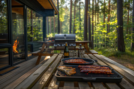 A table is set with two grills, displaying various cooked and raw food items.の素材