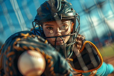 Female catcher ready to catch the ball during a baseball game.の素材