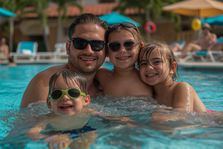 A man and three children are enjoying a swim in a pool on a sunny day, splashing and having fun together.の素材