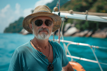 A man standing on a boat as it sails through the ocean.の素材