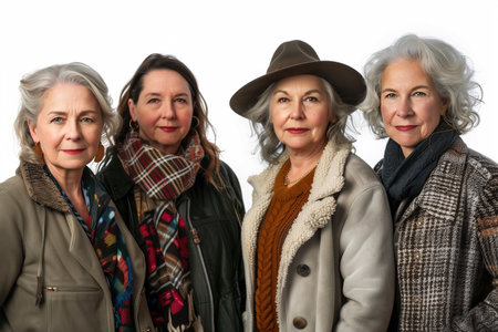 Multiple women standing closely next to each other in a group, looking towards the camera with varied expressions.の素材