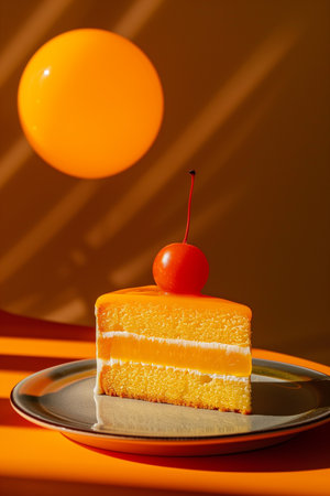 A slice of cake with a cherry on top sitting on a plate, ready to be enjoyed.の素材