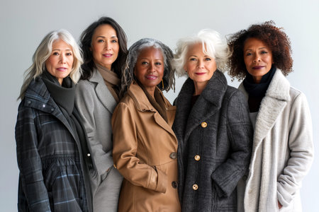 Several women of varying ages are standing next to each other in a group, appearing united and connected. They are all dressed in casual clothing, and seem to be engaged in conversation or enjoying each others company.の素材