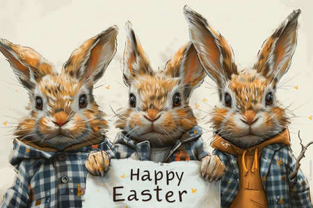 Three rabbits of differing colors holding a sign that reads Happy Easter on a sunny day.の素材