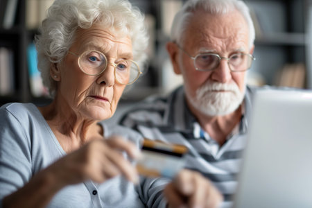 An older couple sitting together, attentively peering at a laptop screen displaying information or images.の素材