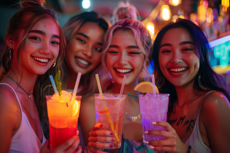 A group of young individuals standing side by side, each holding a drink in their hand.の素材