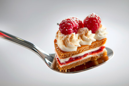 A fork holding a piece of cake topped with fresh raspberries.の素材