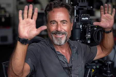 A man standing in front of a camera with his hands raised up.の素材