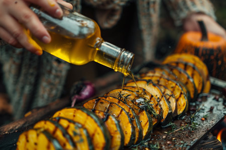 A person cooks food on a grill outdoors. They are using a bottle of oil to season the food as it cooks.の素材