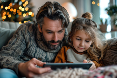 A man and a little girl are sitting on a couch, looking at a tablet screen together.の素材