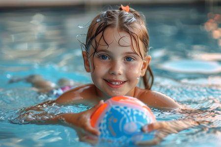 A young girl joyfully plays with a colorful ball while floating in a swimming pool.の素材