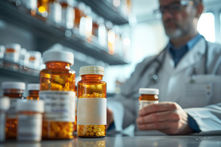 A man in a lab carefully coat inspects a bottle of pills, focusing on the contents inside.の素材