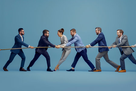 A group of individuals working together as a team, exhibiting great teamwork and coordination as they pull on a rope together in unison.の素材