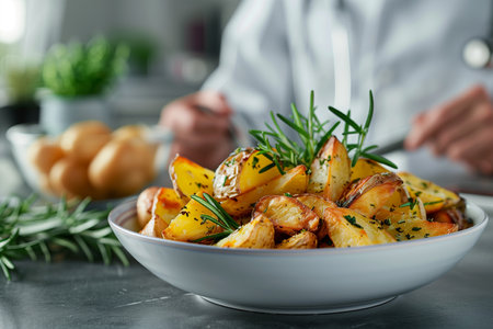 Detail view of a filled bowl of food - potatoes, placed on a wooden table, showing the texture and color of the dish.の素材