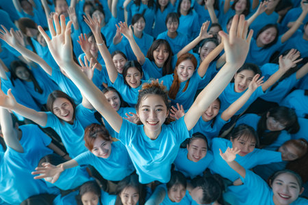 A group of women wearing blue shirts are standing together, posing for a photo.の素材