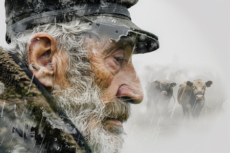 A bearded man wearing a hat stands, gazing at a group of cows in a field.の素材